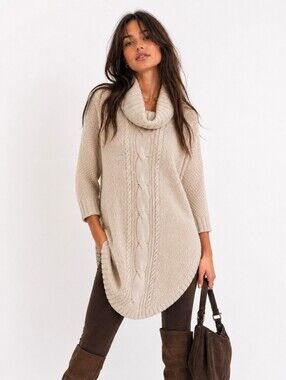 Express Cable Cableknit Curved Hem Tunic Sweater Beige Tan Size Medium NEW